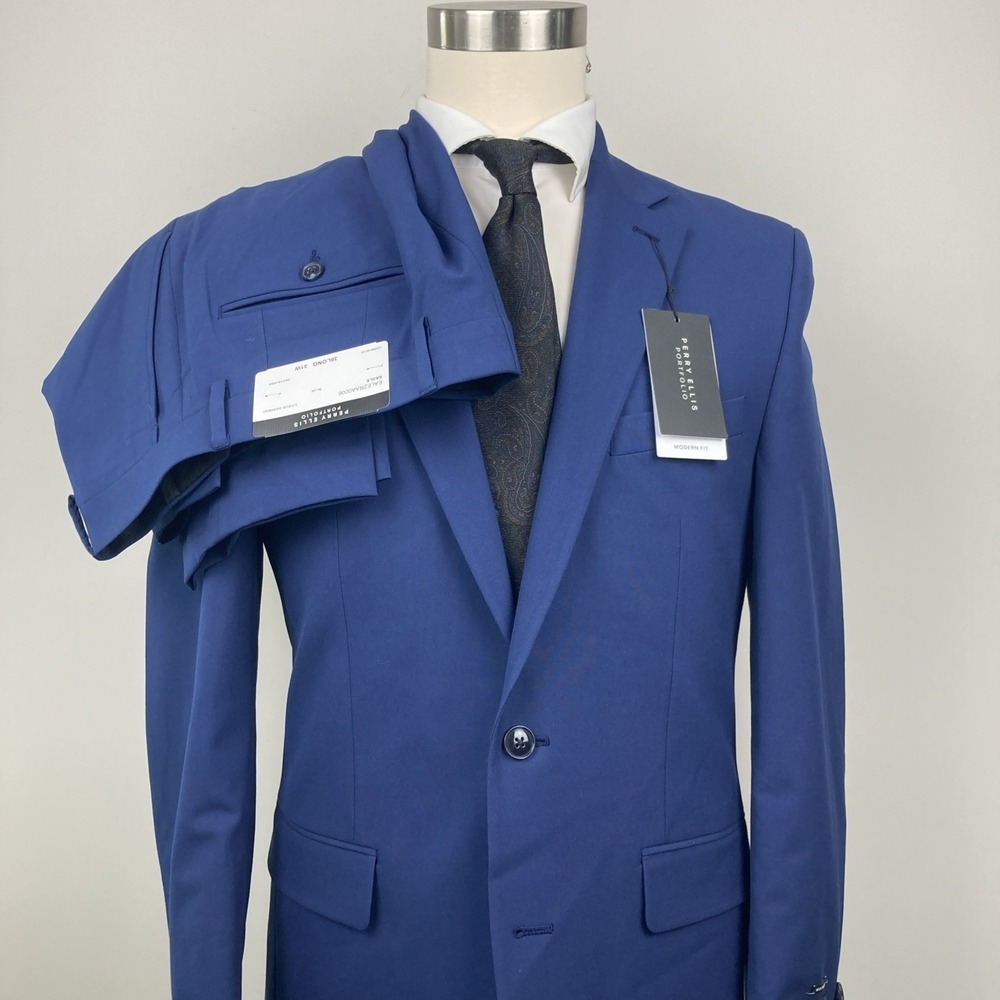 Perry Ellis Portfolio Mens Modern fit 2‎ Piece Suit 40S 33W 30L Blue Stretch - Picture 3 of 12